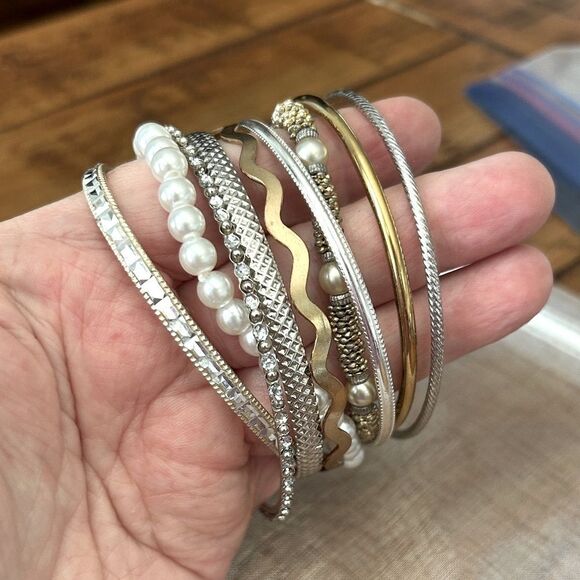 Vintage to Modern Gold and Silver Bangle Set with Pearls 9 total - Picture 2 of 4